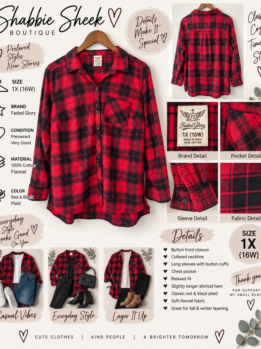 Faded Glory 1X 16W Red Black Plaid Flannel Shirt Long Sleeve Button Front